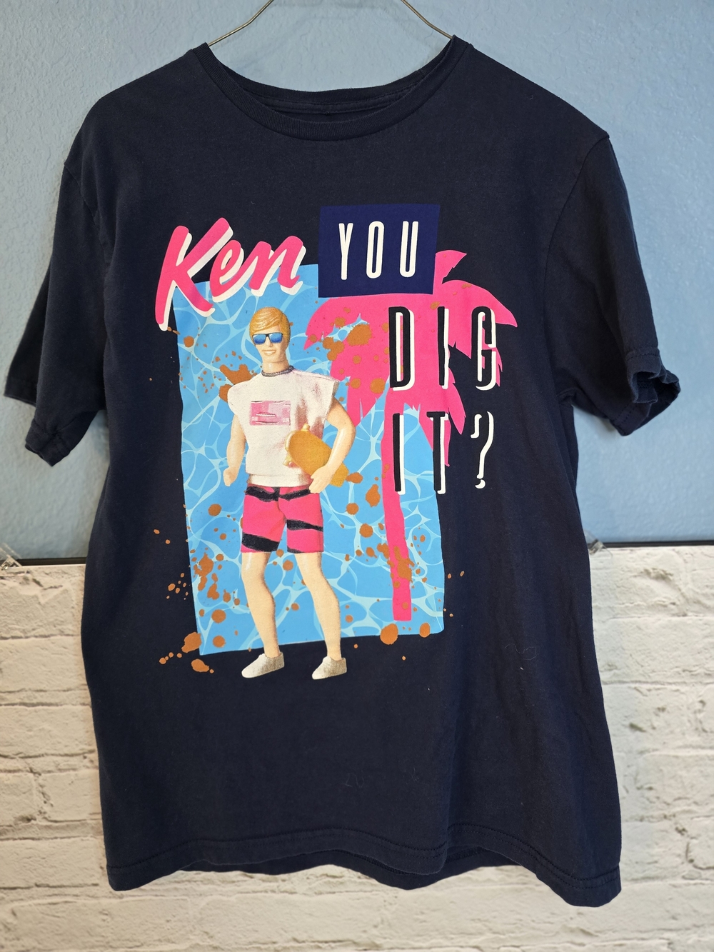 Barbie Navy Swim Tee with Pink & Blue Graphic Ken Print Sz M
